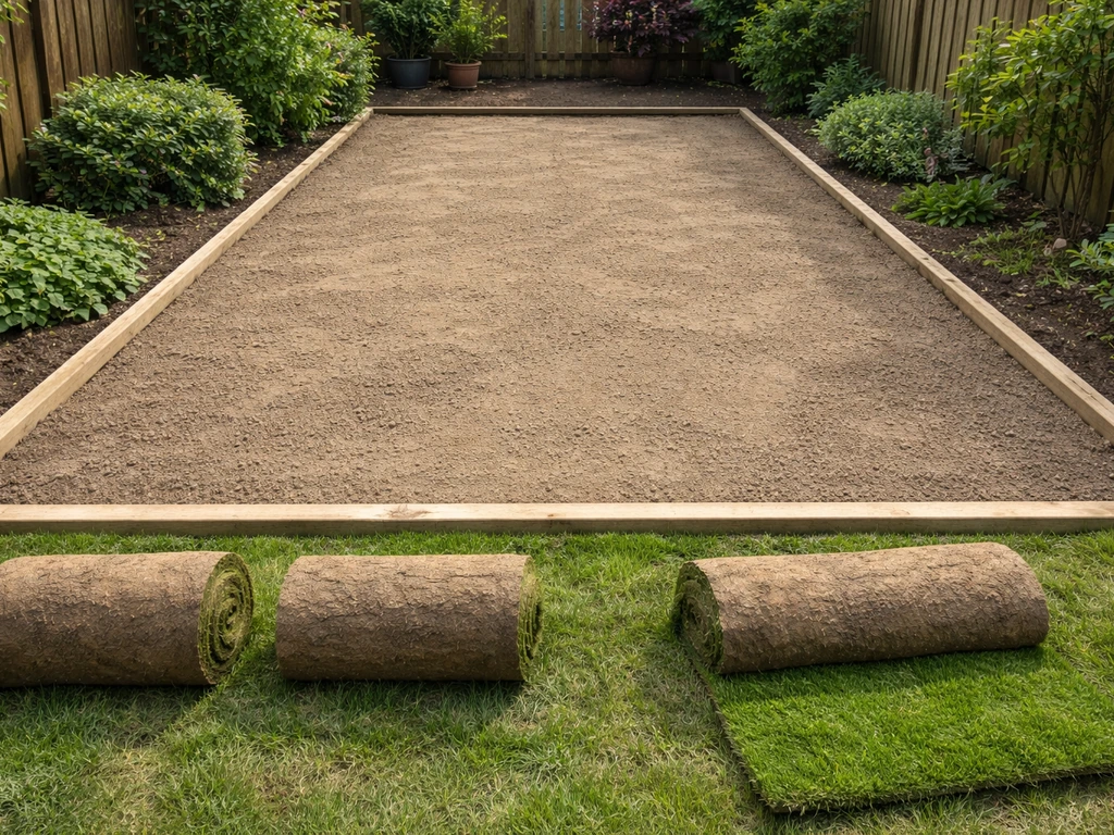 Bovenaanzicht van een NL-tuin met voorbereide grond en verse graszoden/grasrol klaar om te leggen.