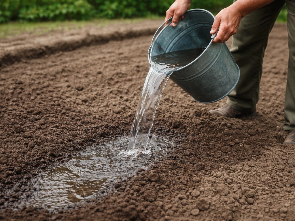 Emmer water wordt over pas-voorbereide tuingrond gegoten; water trekt de bodem in.