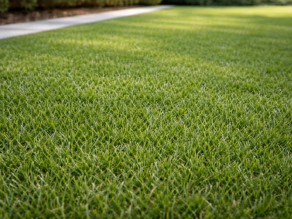 Close-up van gelijkmatig kunstgras met zichtbare vezelstructuur, zonder modder, bij natuurlijk daglicht.