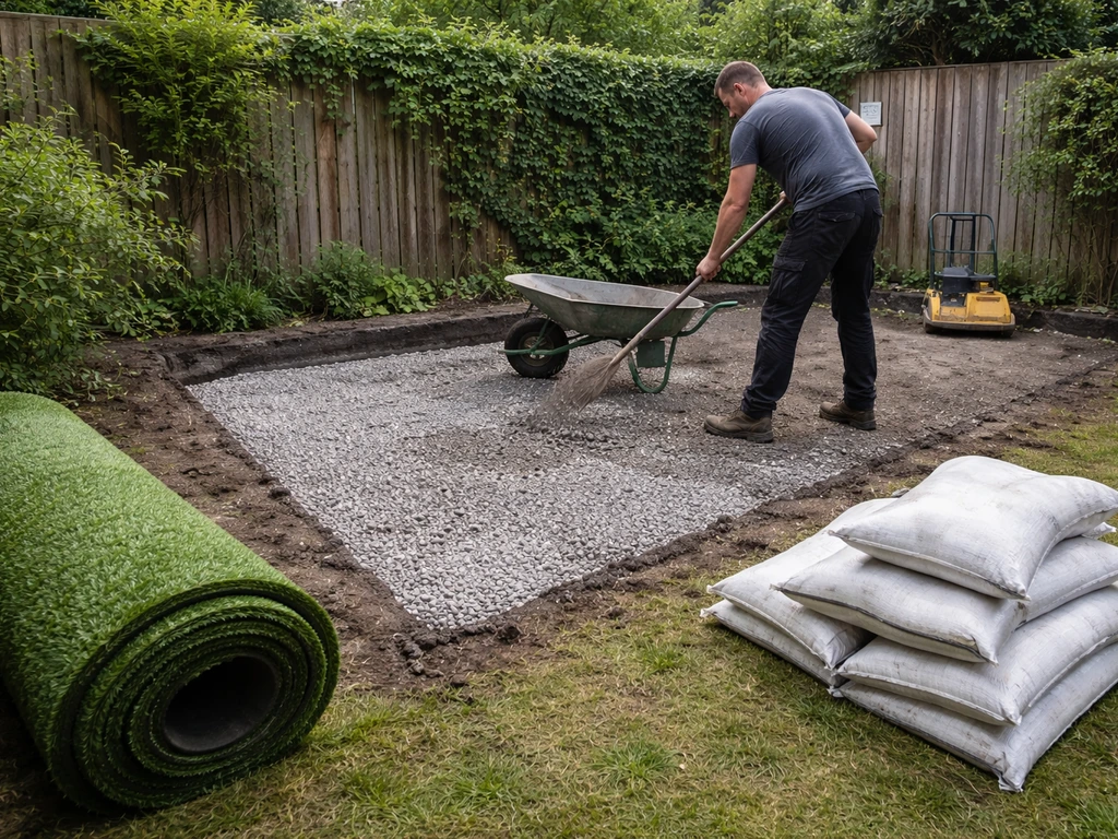 Werk in de tuin: anonieme persoon graaft en egaliseert de ondergrond voor kunstgras met puingranulaat.