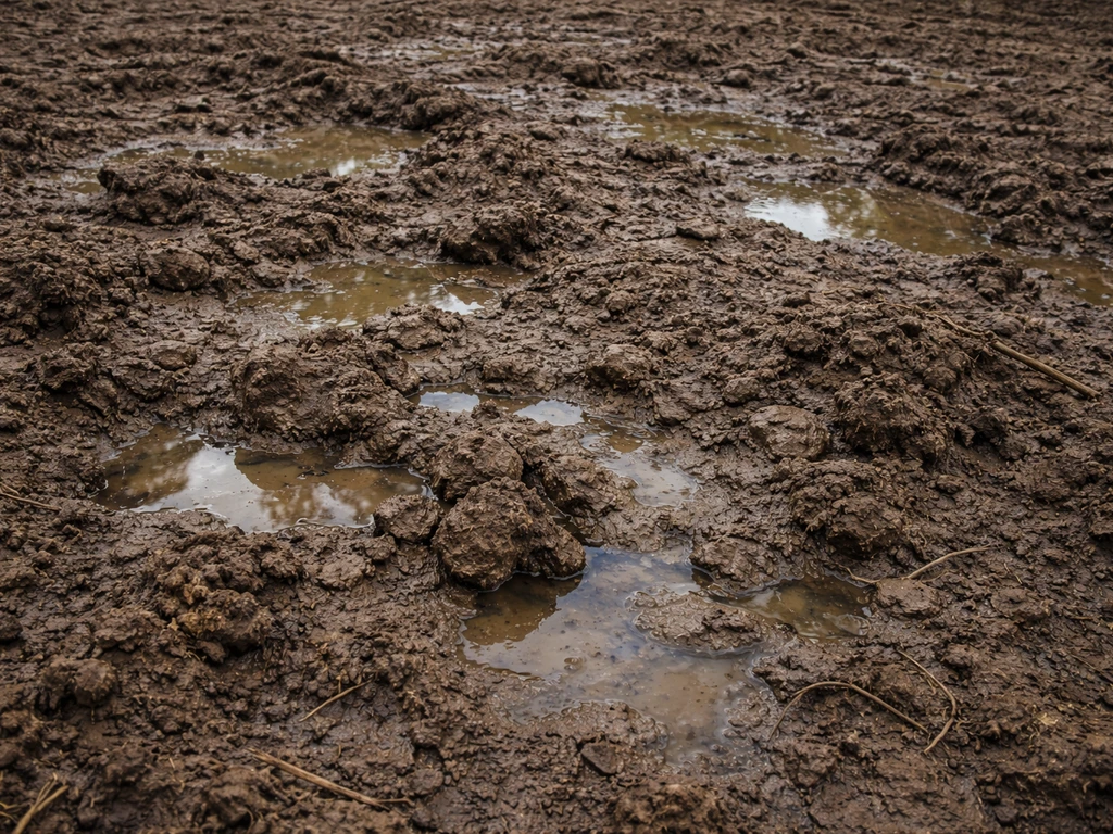 Modderige, ongelijk beluchte grond met plassen op een kaal stuk tuin waar gras slecht kan groeien