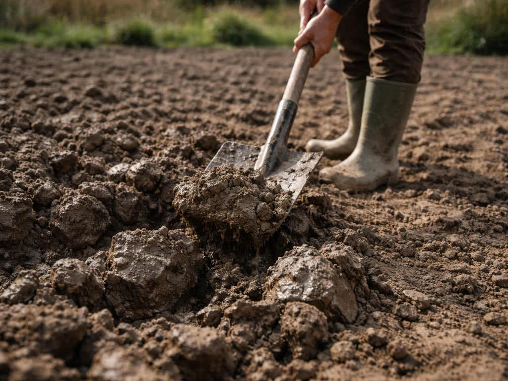 Persoon spittend in kleigrond, kluiten omgedraaid voor betere structuur en beluchting.