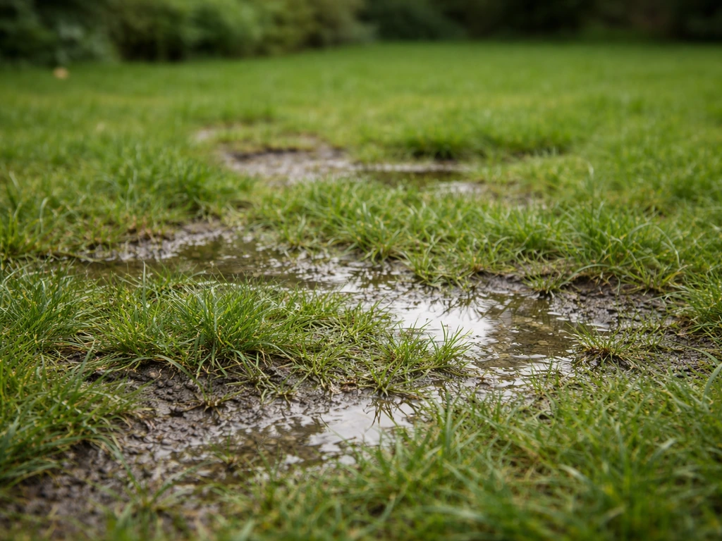 Close-up van een ongelijk gazon met kuilen en lichte plassen na regen.