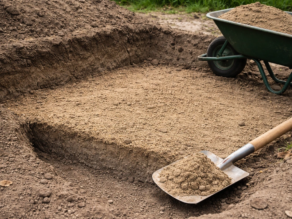 Schep en kruiwagen met zand-teelaardemengsel in een kleine kuil; zichtbare laagopbouw tot ca. 5 cm.