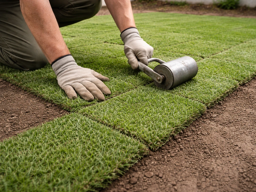 Tuinwerker legt graszoden in baksteenverband op een recent geëgaliseerd gazon en rolt de naden stevig aan