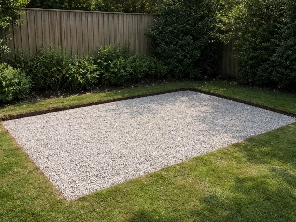Voorbereide tuin met verwijderde grasmat en vlakke laag puingranulaat/split voor kunstgras.