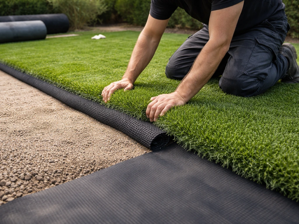 Werknemers leggen kunstgrasbanen op een egaliserende onderlaag met onderdoek in een tuin.