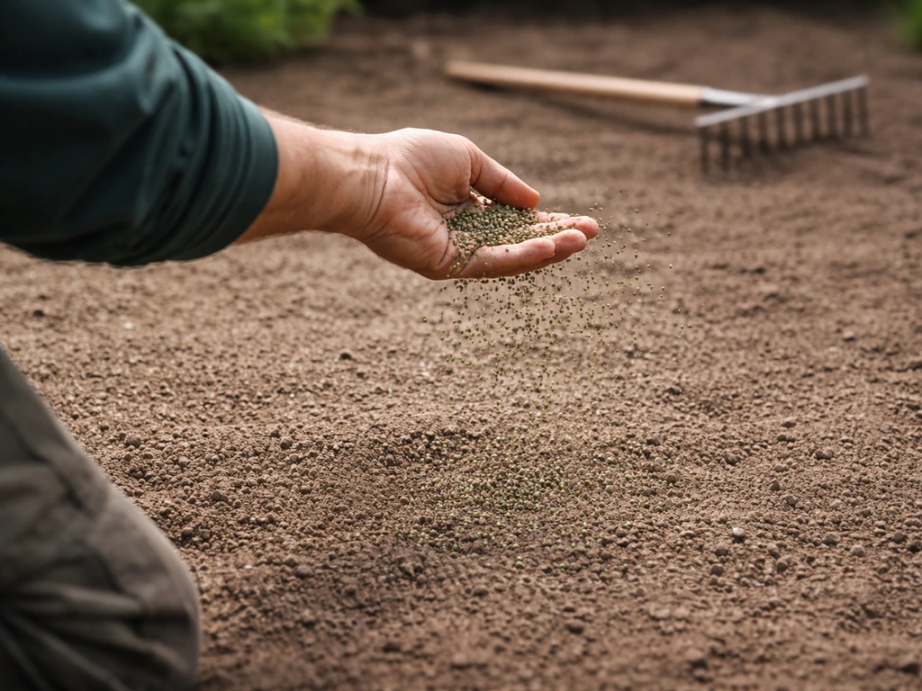 Tuinier die microklaverzaad uitstrooit op egaliserde grond, met close zicht op zaaiafval en textuur.