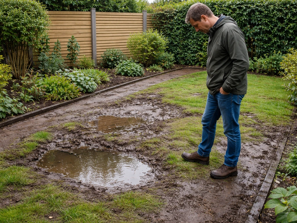 Huiseigenaar loopt na regen door de tuin en kijkt naar stilstaand water, kuilen en verzakkingen in de gazonplek.