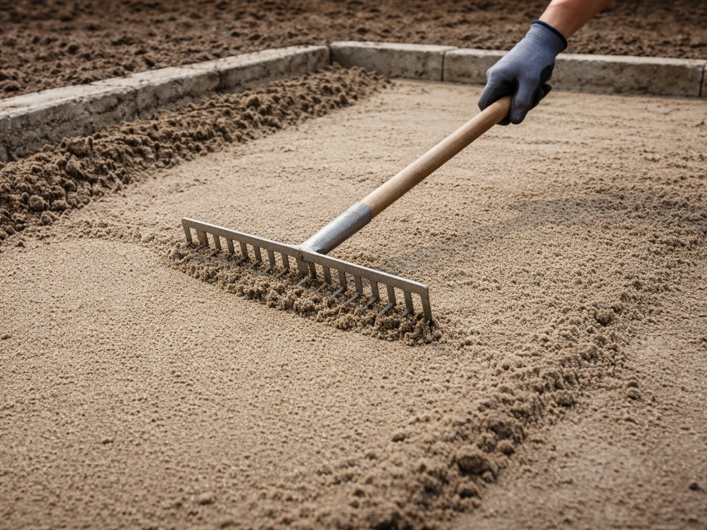 Aanvulzand wordt in dunne lagen van 5–10 cm egaal uitgespreid en verdicht met een hark op een tuinbodem.