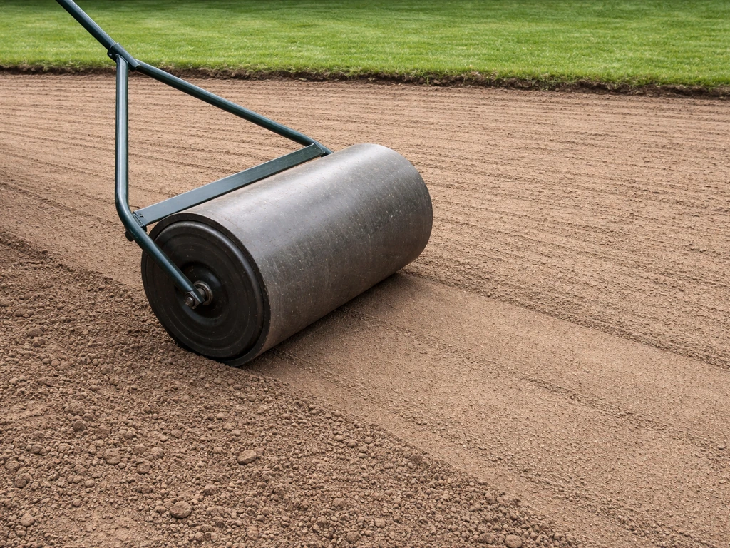 Tuinwals die teelaarde verdicht op een gazonvlak, met een strak en gelijkmatig aangedrukte toplaag.