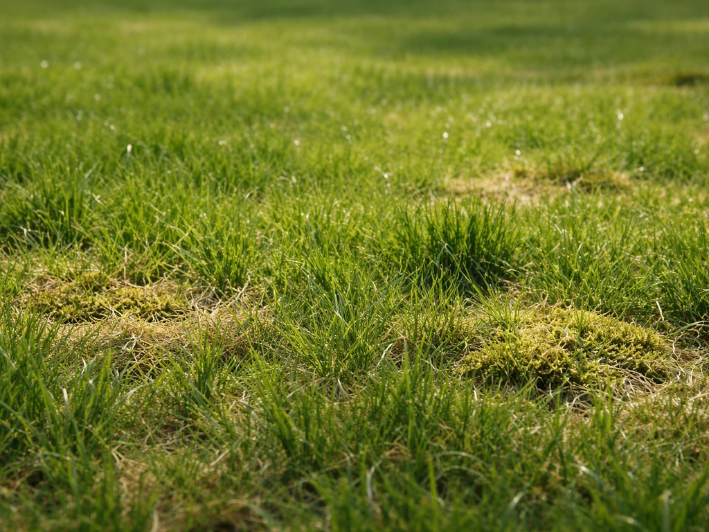 Droog voorjaarsgazon met zichtbare verse grasgroei en lichte vilt-/mosplekken op de grasmat.