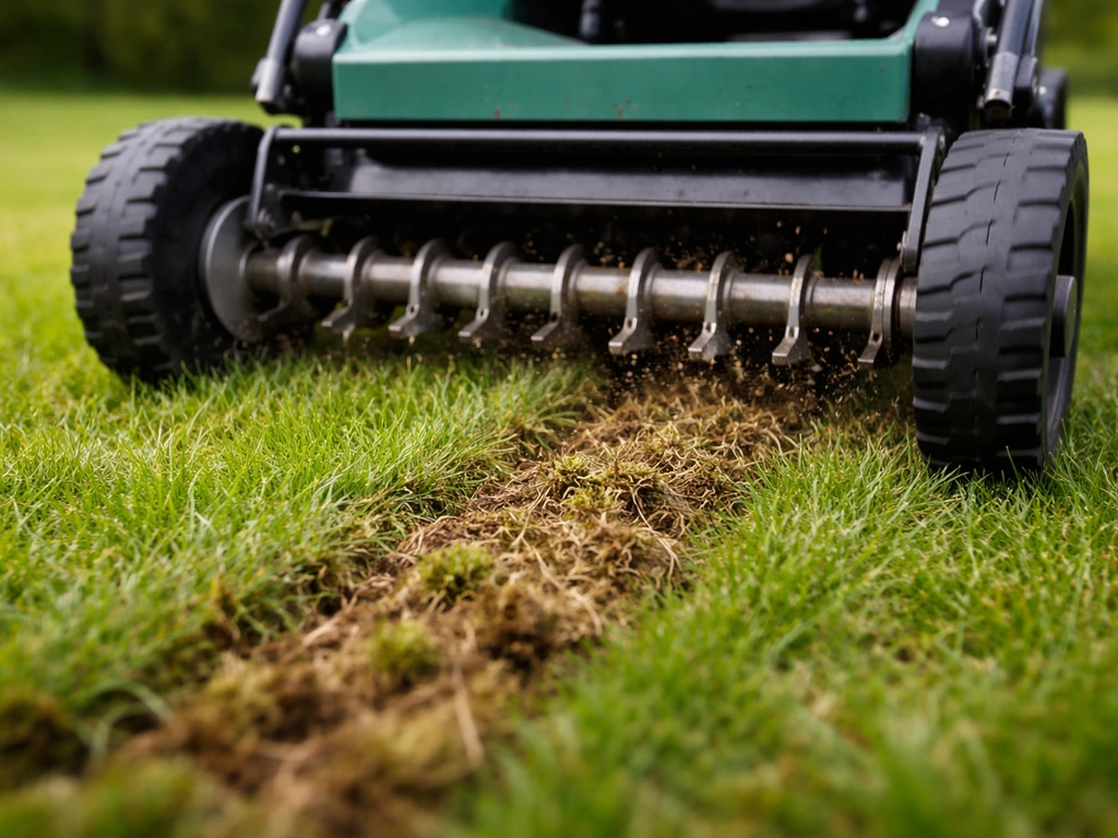 Close-up van een verticuteermachine die vilt en mos uit de grasmat snijdt.