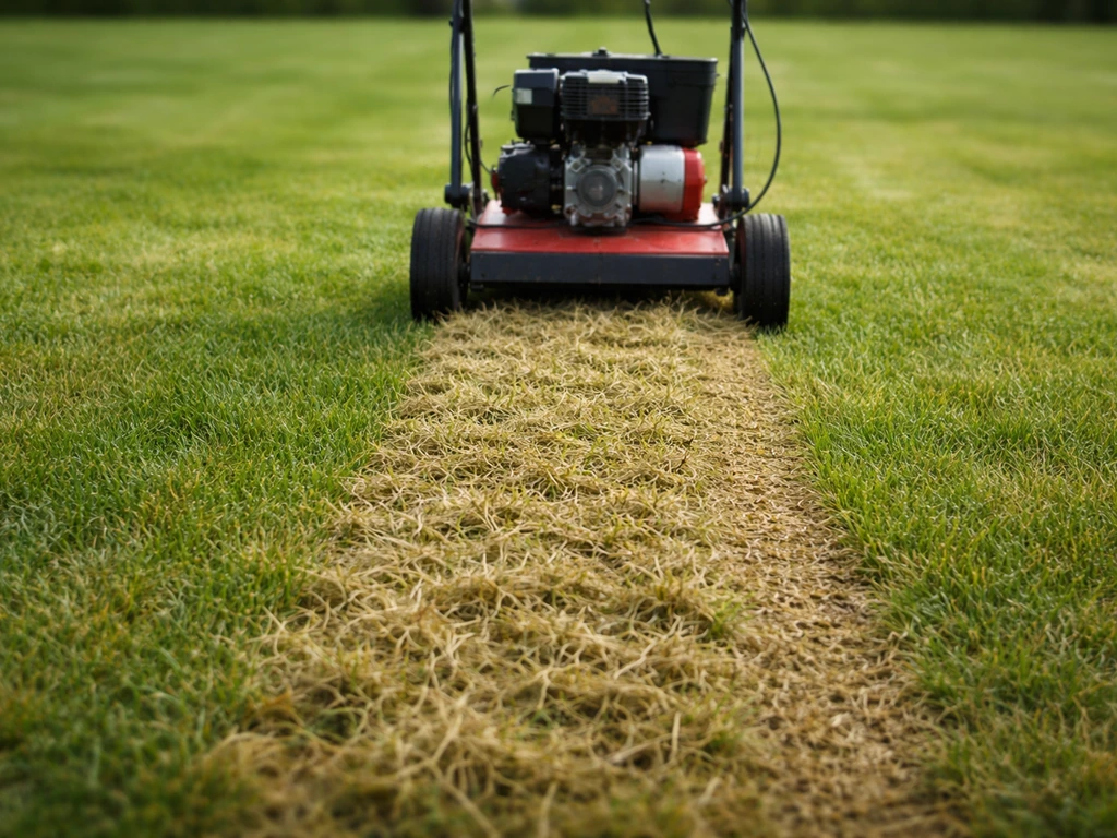 Verticuteermachine maakt proefstrook en echte baan: losgekomen vilt en grassprieten liggen op het gazon.