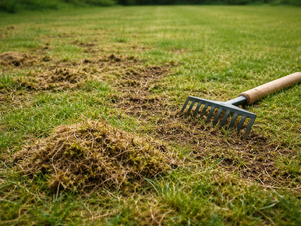 Opengewerkt gazon met tuinhark waarop losgekomen vilt en mos is weggehaald, direct na het verticuteren.