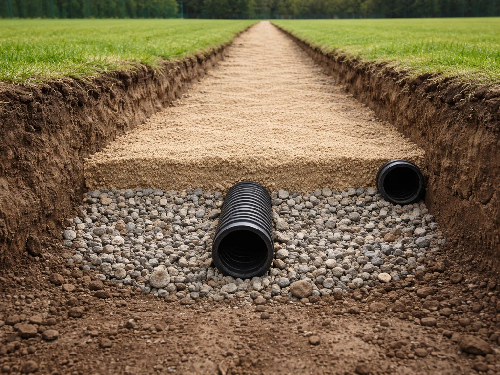 Realistische werkfoto van drainage onder kunstgras: grind-zand lagen met drainagebuis en afschot naar afvoer.