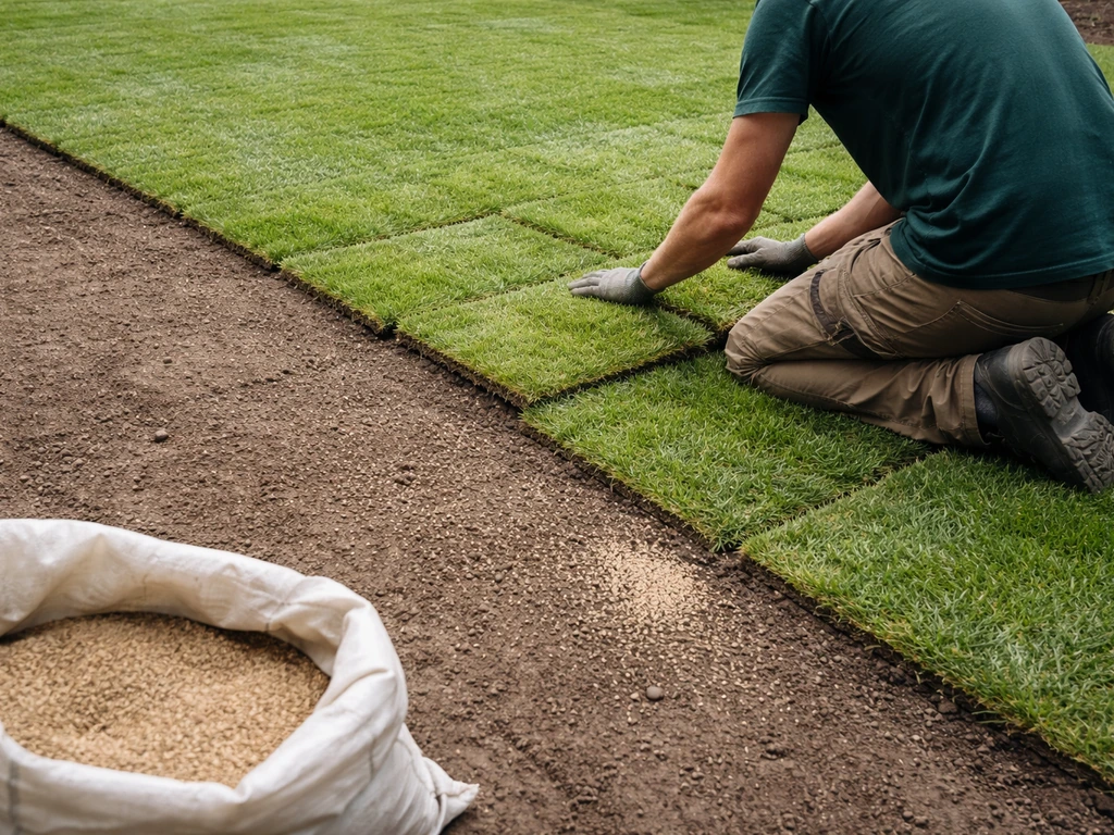 Tuinwerker legt graszoden in verband en zaait direct ernaast; gedeeltelijk afgewerkt gazon in natuurlijk daglicht.