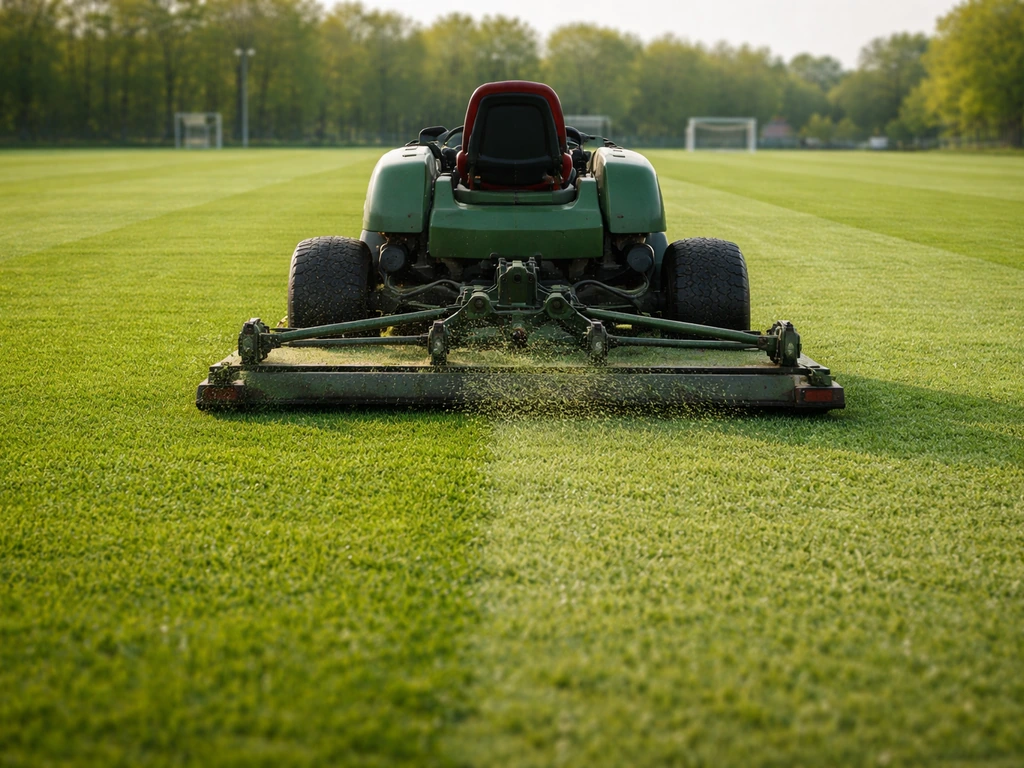 Sportveldgras van 3,5–5 cm dat gemaaid wordt met een sportveld- of tractormaaier, met duidelijk maaispoor.