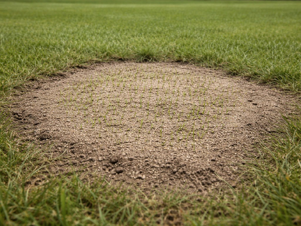 Opengescheurde plek op een sportveld waar net is doorgezaaid en afgedekt met een dun laagje zand.