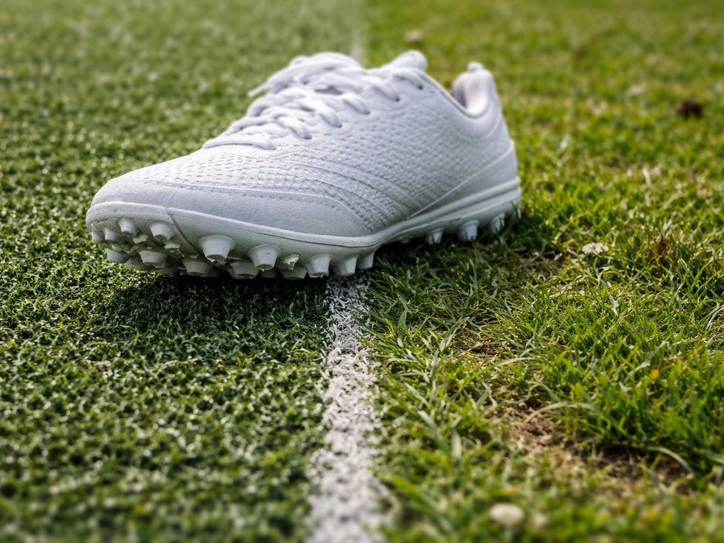 Witte sportschoen op kunstgras en natuurgras naast elkaar, zichtbaar verschil in afdruk en grip.