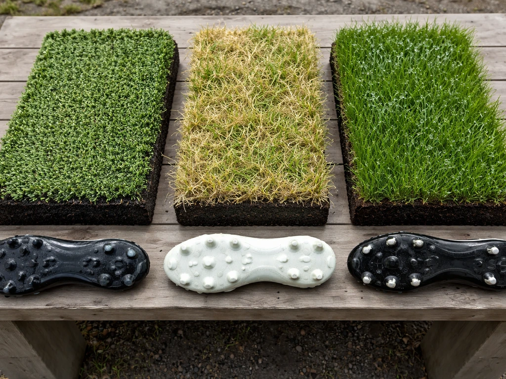 Drie naast elkaar liggende stukken gras—kunstgras, droog gras en nat gras—met bijpassende anonieme zolen.