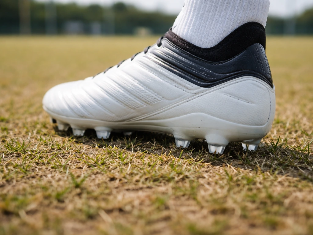 Close-up van een FG-voetbalschoen die op hard en droog natuurgras staat met korte noppen voor grip.