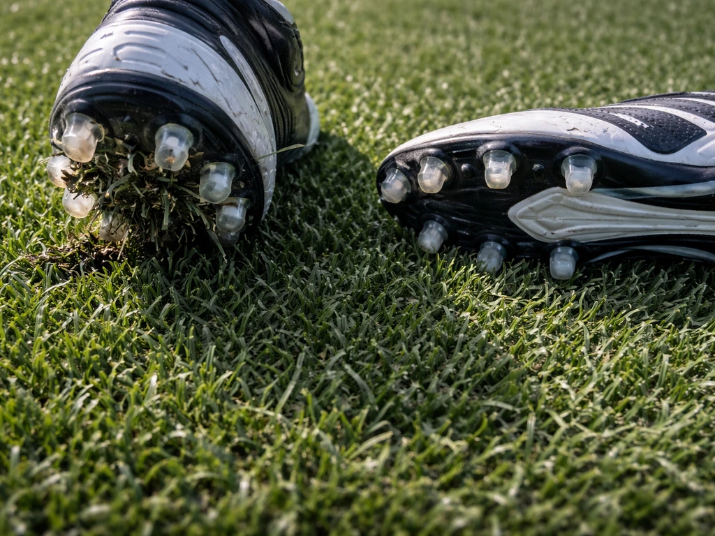 Close-up van kunstgras met voetbalschoenzool waarvan metalen noppen lijken te haken, zonder tekst.