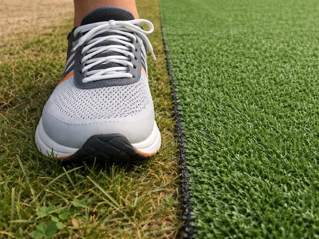 Voetperspectief op echt gras versus kunstgras: verschillende vezels en veerkracht onder een schoen