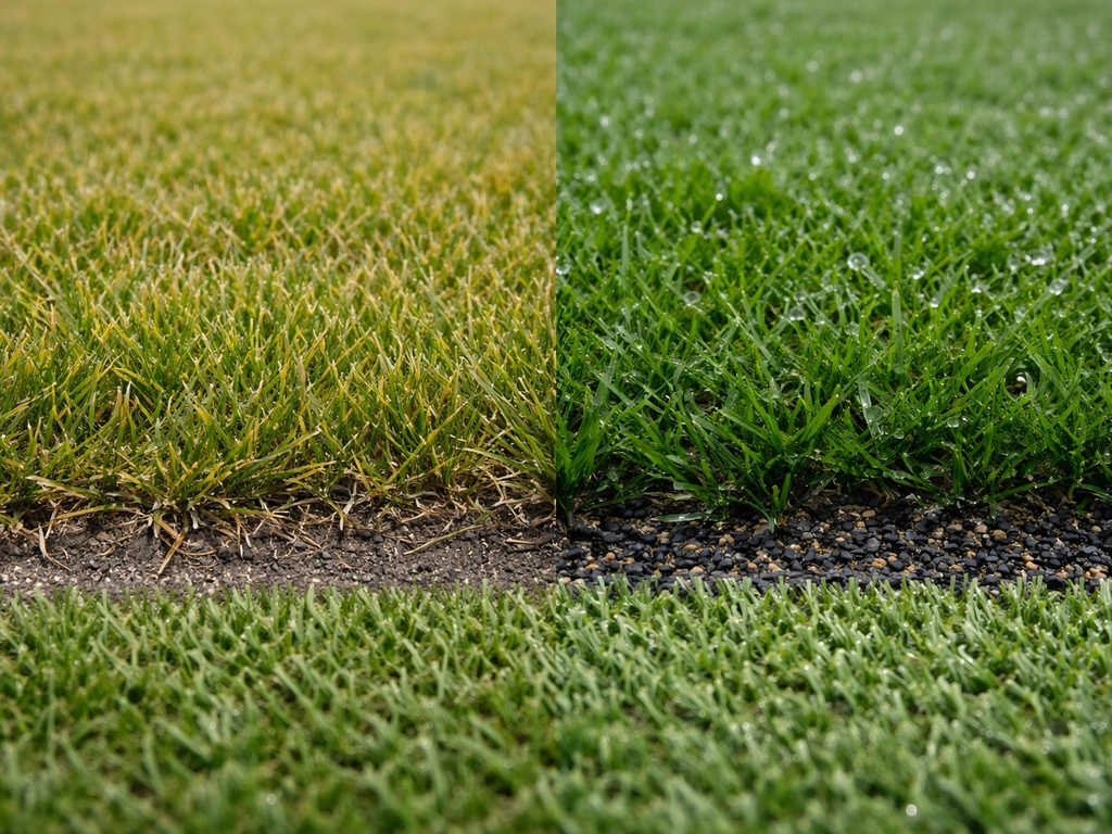 Fotocollage: links droog natuurgras, rechts nat natuurgras met waterdruppels en daaronder kunstgras met infill-korrels.