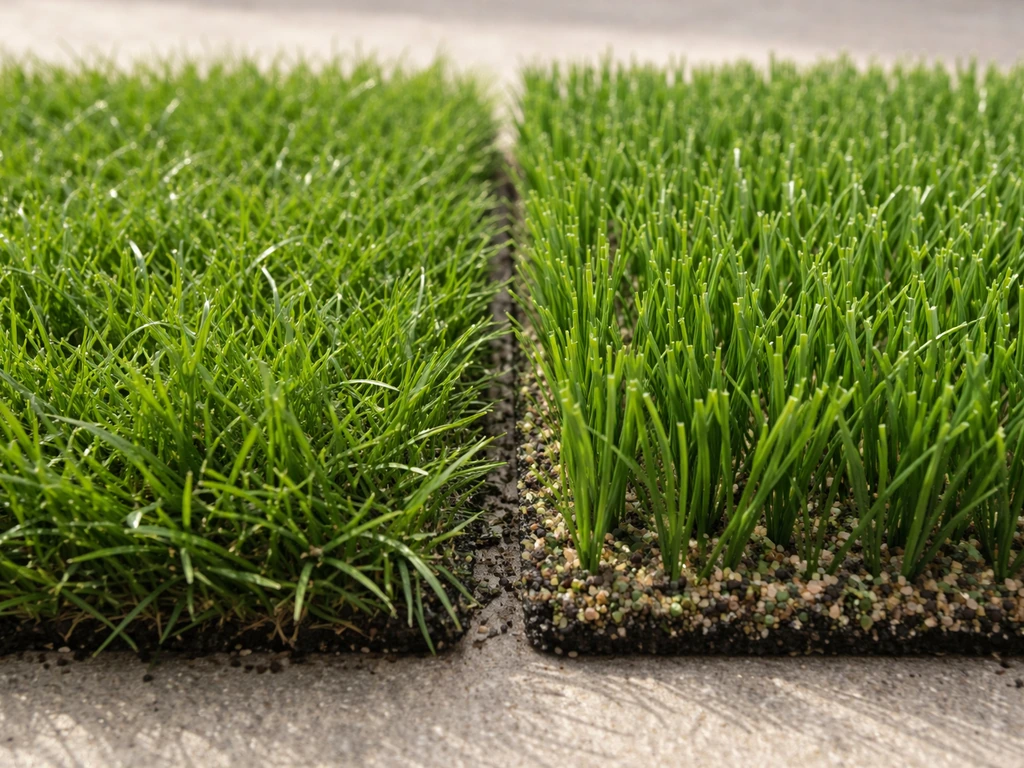 Close-up van echt gras en kunstgras naast elkaar, met zichtbaar granulaat tussen de kunstgrasvezels.