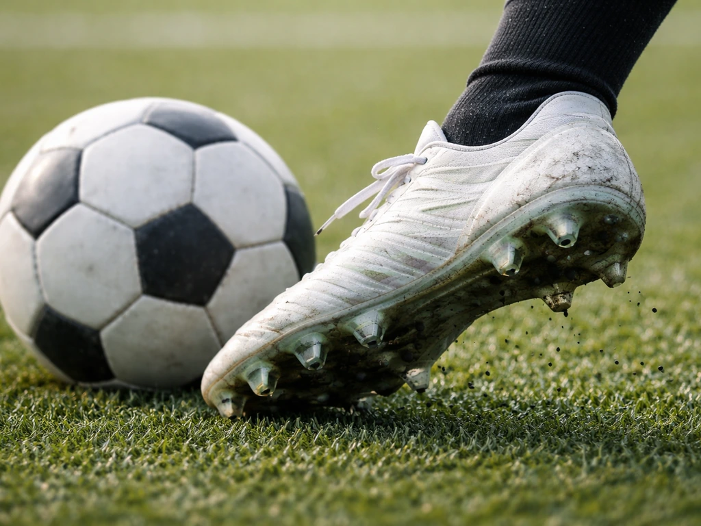 Gras-voetbalschoen (FG) die landt op kunstgras tijdens balcontact, met één bal op de achtergrond.