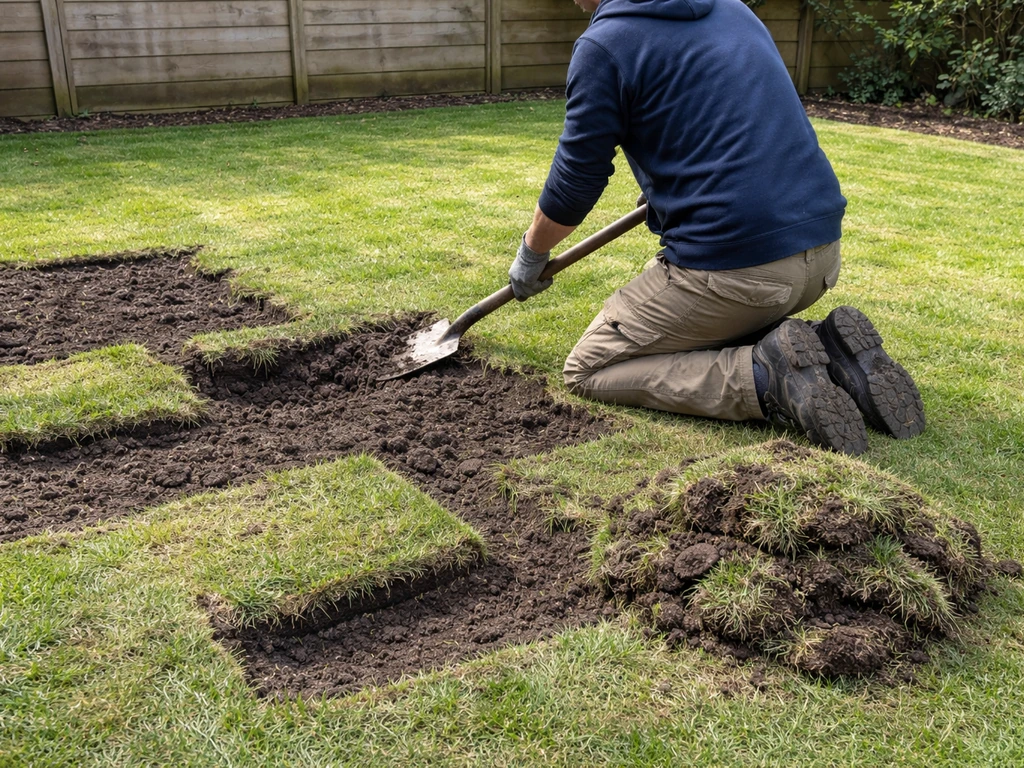 Tuinwerker schept gras/grond los bij een gazon dat wordt afgegraven, met zichtbaar voorbereidend werk in de tuin.