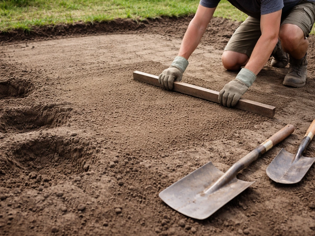 Tuinaarde die wordt afgestreken: opgevulde lage plekken en afgegraven grond vlak maken met zand–teelaarde.