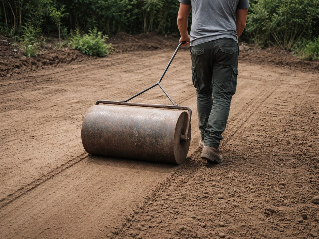 Een anonieme werker rolt met een tuinwals over opgehoogde grond voor verdichten en een vlak resultaat.