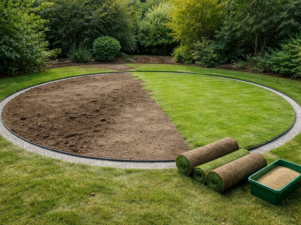 Tuin in aanleg met strak rond grasveld, ronde randafwerking en zicht op de afgebakende contour.