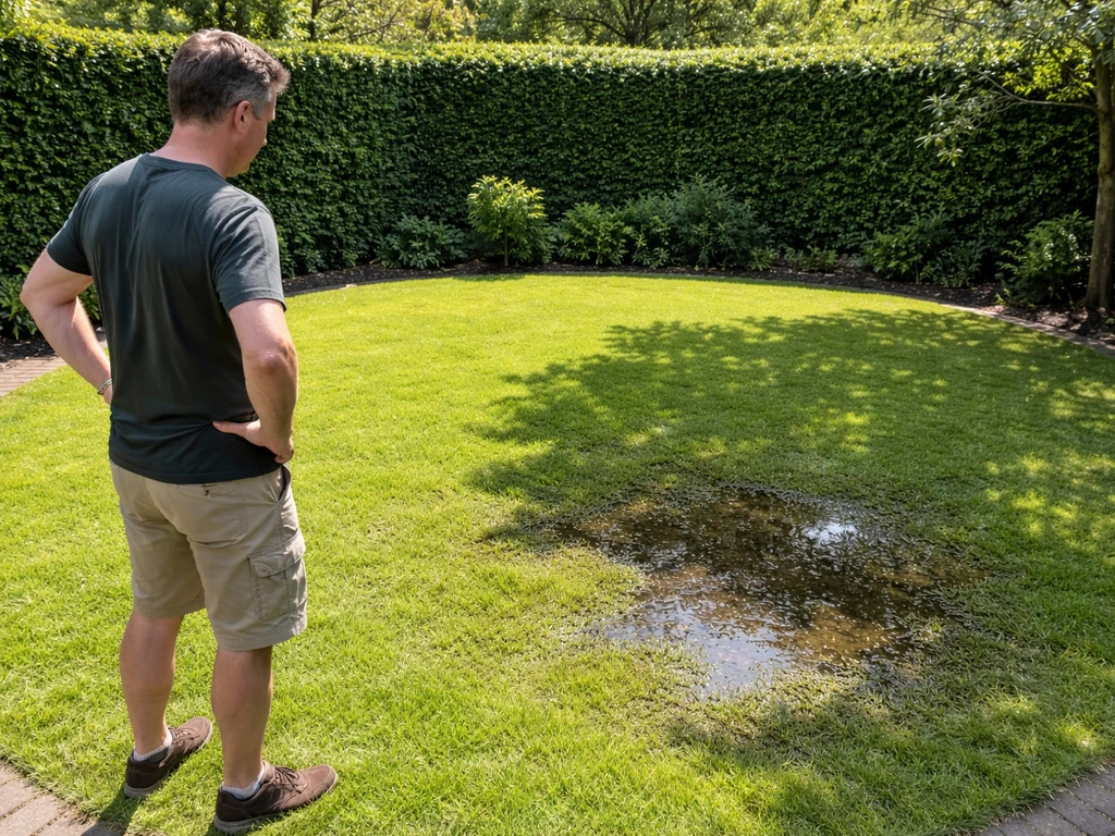 Iemand die in een tuin naar schaduw en natte plekken op een rond gazon kijkt.