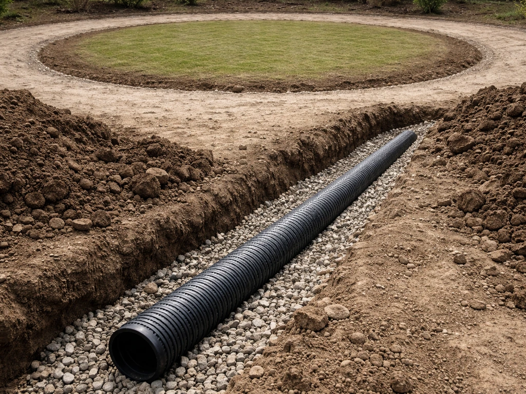 Drainagebuis in een geul met grind, naast een voorbereide rand van een rond grasveld in aanbouw.