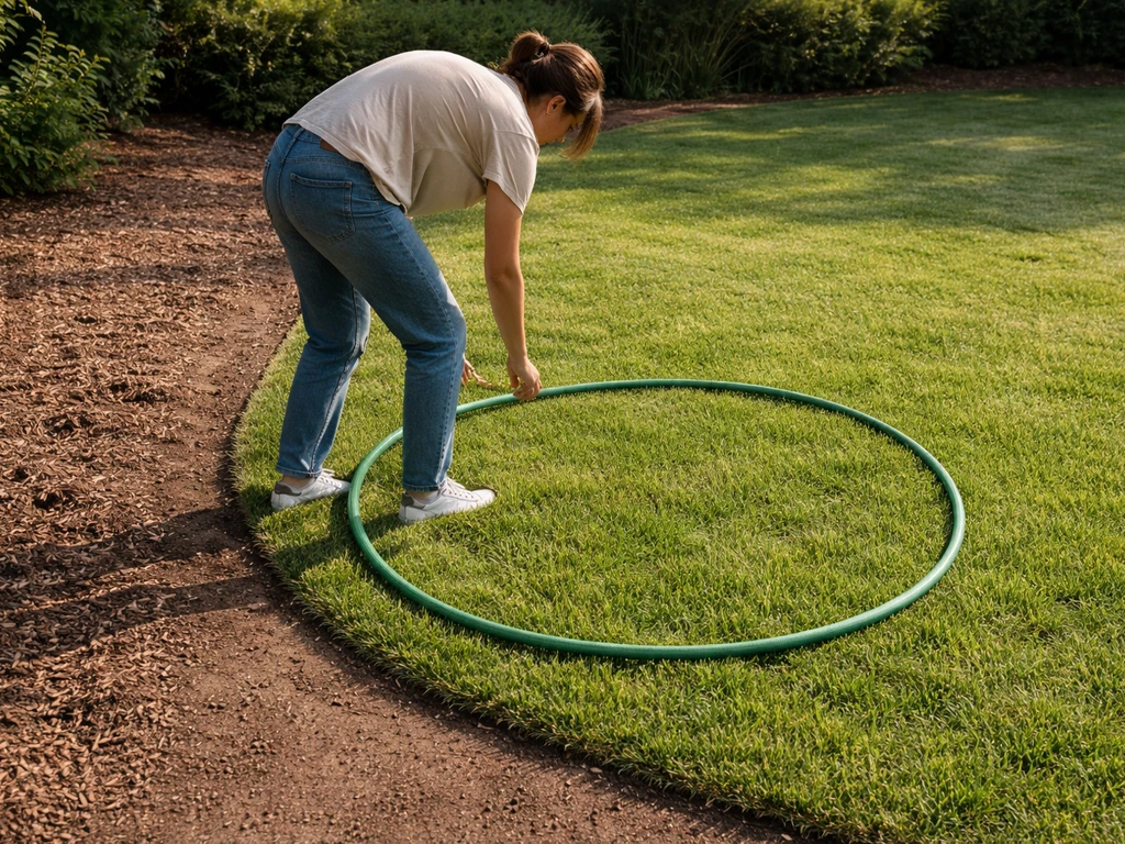 Persoon legt een tuinslang in een strakke cirkel langs de grasrand voor een ronde contour.