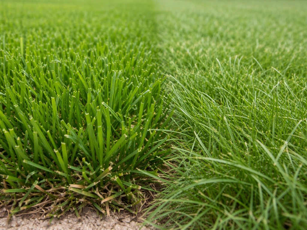 Close-up van sportveldgras met dichte, stevige sprieten naast siergazon met een luchtigere structuur