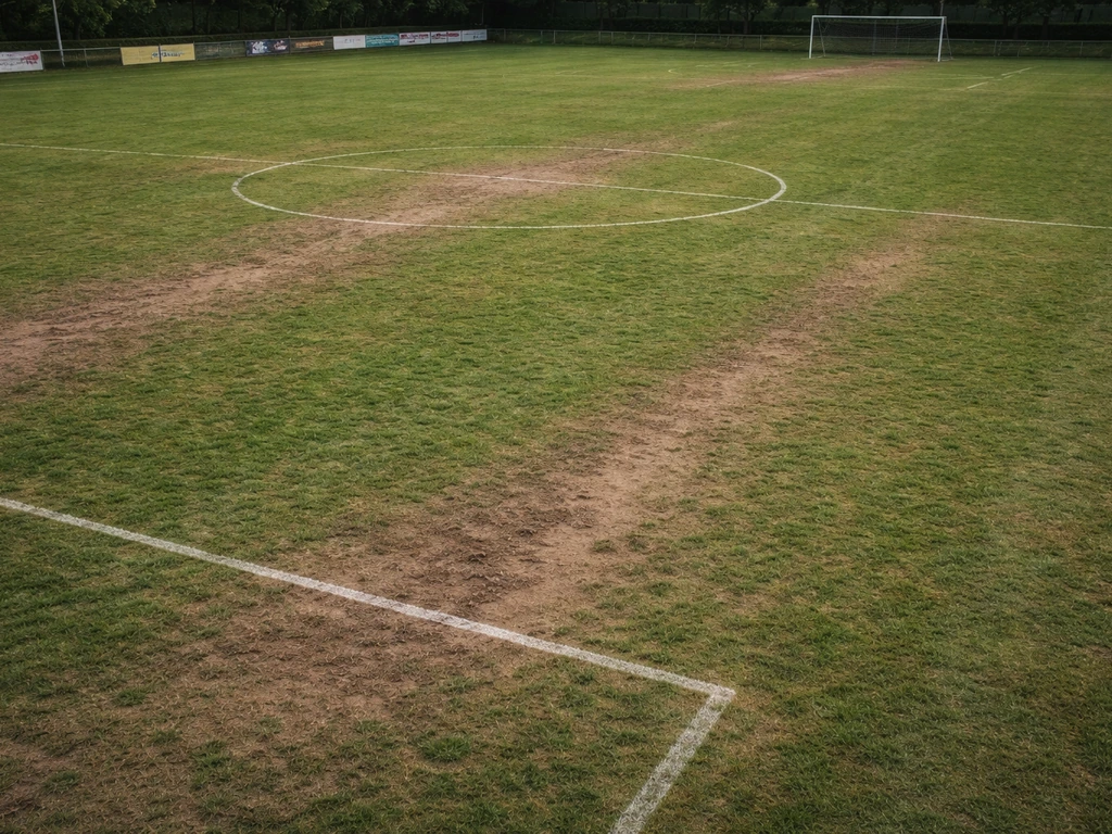 Sportveld met bruinige slijtagesporen bij doelmond en middenlijn, zichtbaar verdunning in looproutes.