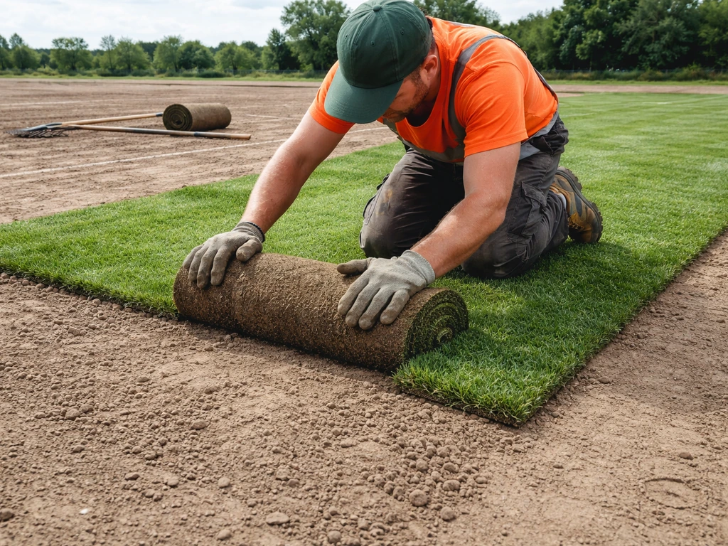 Bouw van een sportveld: rolzoden worden gelegd op een geëgaliseerde, voorbereide ondergrond met zichtbare opbouwlaag.