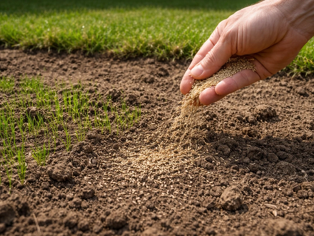 Kale plek op een gazon waar graszaad wordt uitgestrooid en jonge grassprieten opkomen.