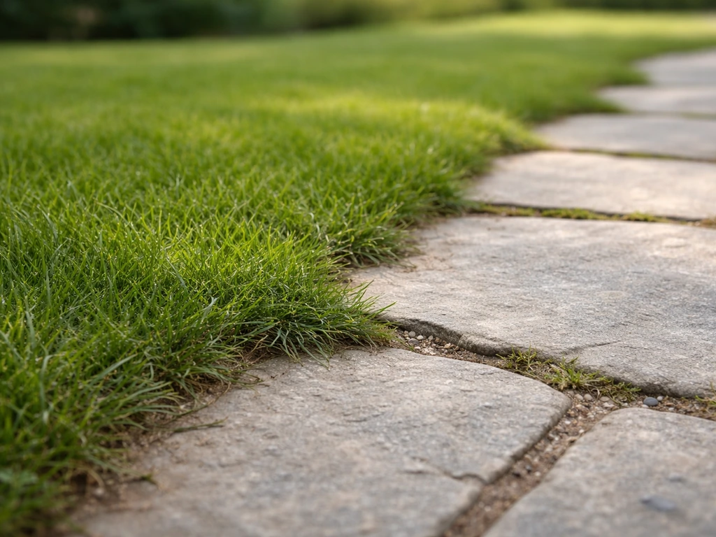 Close-up van een tuinpad met gras dat netjes overgaat in steen, met zichtbare hoogteverschillen en textuur