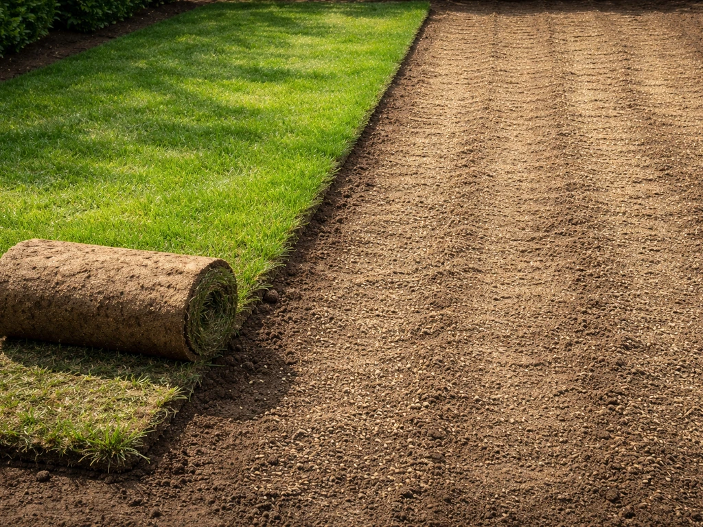 Links direct uitgerolde graszoden, rechts net ingezaaide stroken graszaad op dezelfde tuingrond.