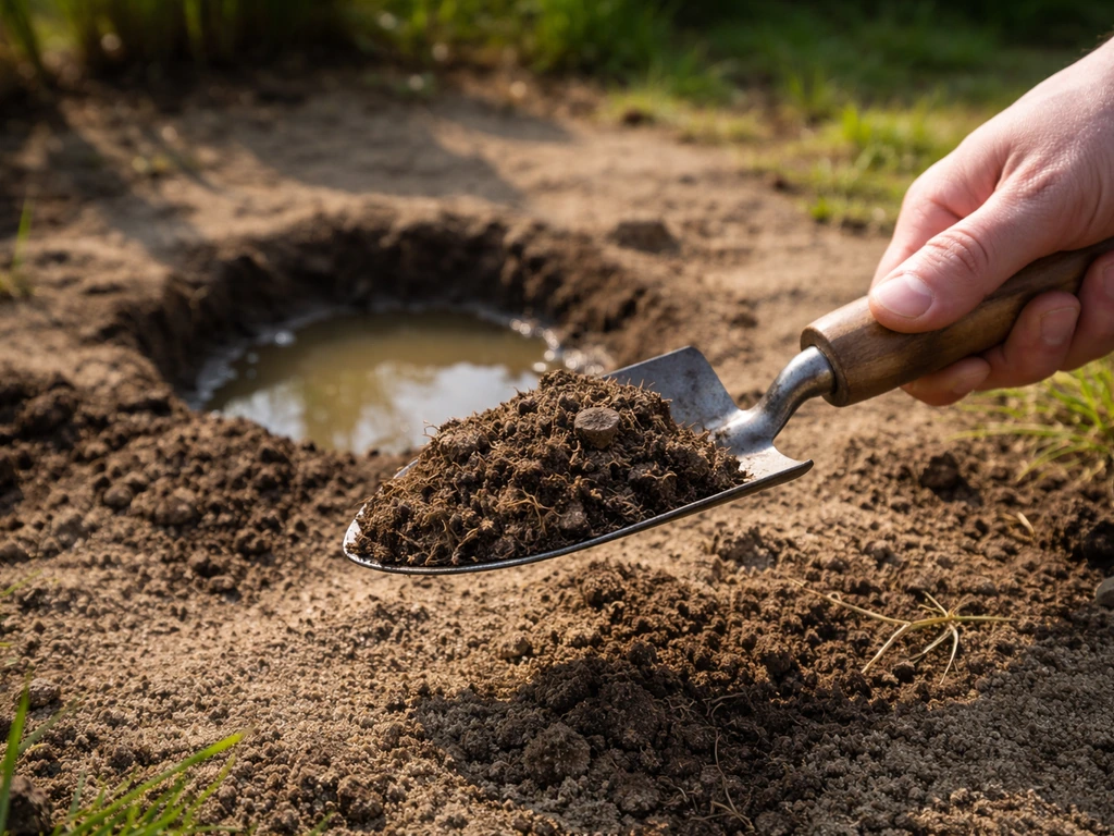 Hand schept een grondmonster naast een klein kuiltje met wat water voor drainage-test.