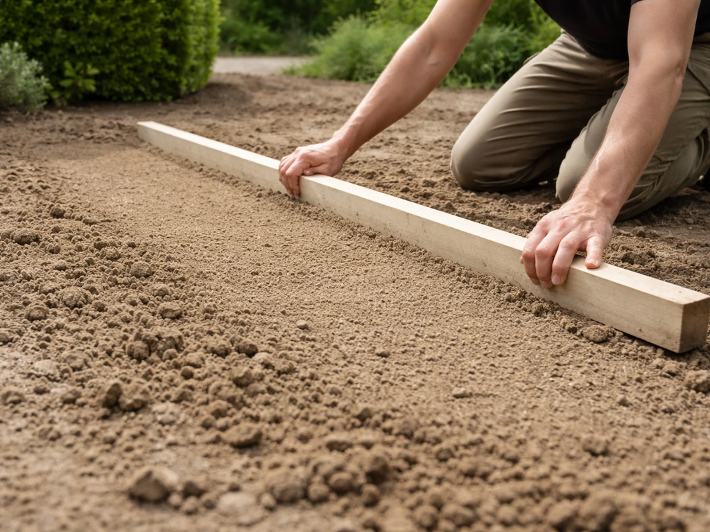 Iemand trekt aarde vlak met een lange rechte lat op een gazonperceel in de tuin
