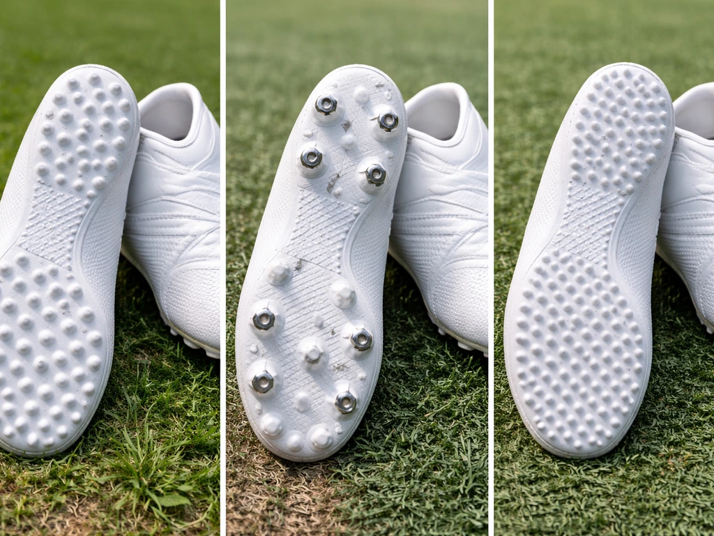 Close-up van drie voetbalschoenen met verschillende zoolnoppen op gras en kunstgras, zonder tekst