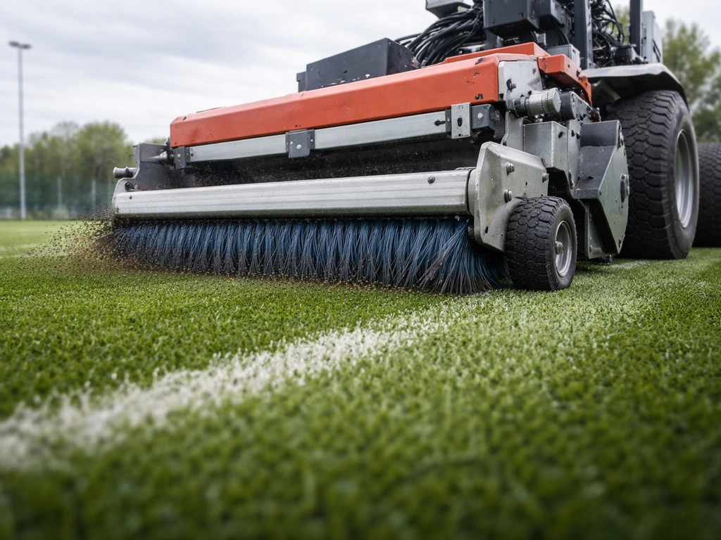 Kunstgrasborstelmachine die over een voetbalveld rijdt en de vezels rechtzet