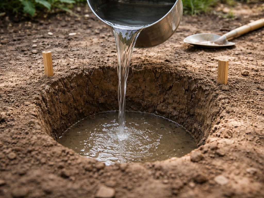 Kleigrond proefgat met water dat zakt voor de potkuil-test, eenvoudige tuinopstelling in natuurlijk licht.