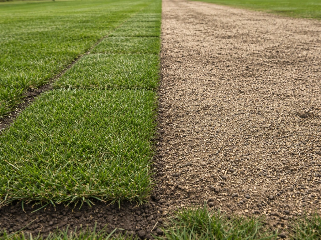 Vergelijking links graszoden en rechts ingezaaid veldje met lichte zaadbedekking, voetbalveld onder natuurlijke belichti
